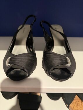Dress Barn Black Satin Peep-Toe Slingback Heels with Crystal Detail